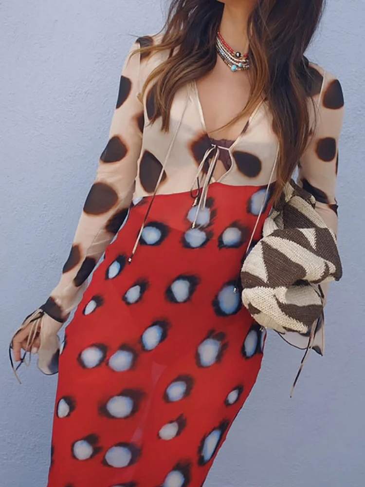 Women's Long Flare Sleeve Maxi Dress See through Chic V Neck Lace-Up Party Dress Spring Summer Holiday Print Ladies Dress 2026 - view 4