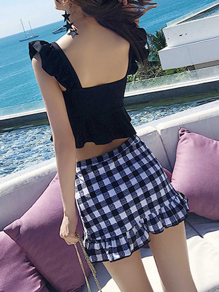 OIINAA Ruffled ชุดว่ายน้ําผู้หญิงต่ําตัดเซ็กซี่ชุดว่ายน้ําลายสก๊อตไม่สม่ําเสมอกระโปรงชายหาดฤดูร้อน 2025 เกาหลี 2 ชิ้น Biquinis