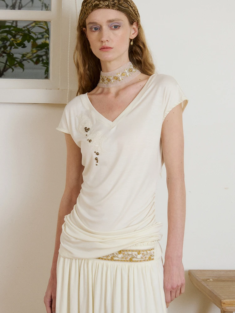 

Женская футболка с вышивкой ручной работы, повседневный хлопковый топ с V-образным вырезом, стандартный крой, летняя одежда