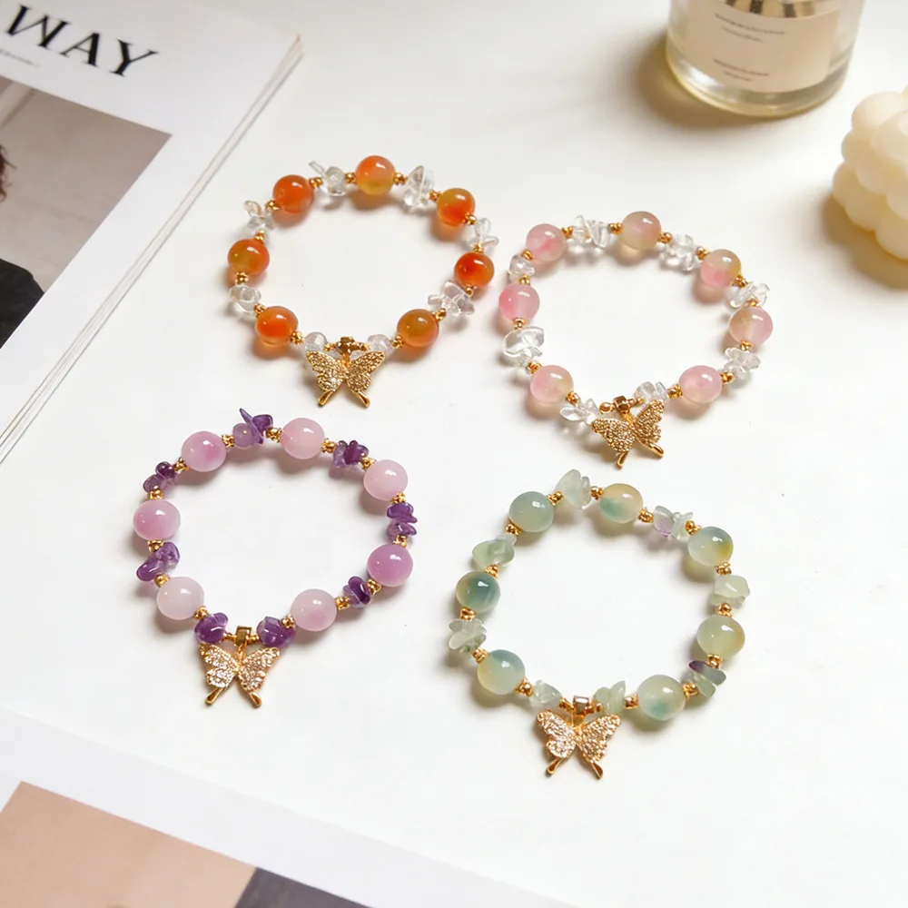 

Natural Stone Beaded Bracelet for Women Gold Butterfly Charm Crystal Amethyst White Quartz Green Fluorite Fashion Jewelry Gifts
