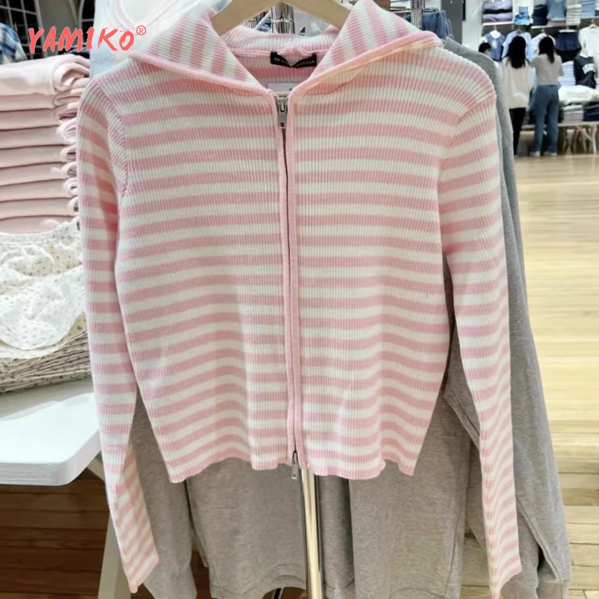 Two-Way Zip Striped Knitted Sweater Women Autumn Cotton Casual Slim Long Sleeve Tops Girls Trending Y2K Pullovers Sweaters 2024