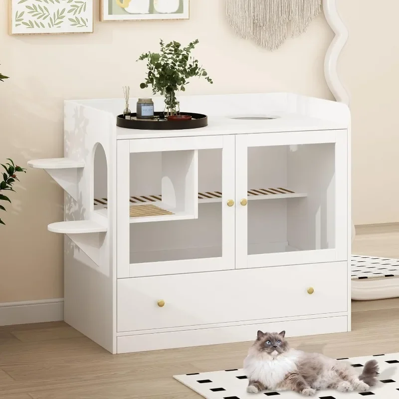 Large Cat Litter Box Enclosure, Hidden Cat Litterbox Furniture with Drawer and Litter Leak Runway, Wooden Cat House Washroom