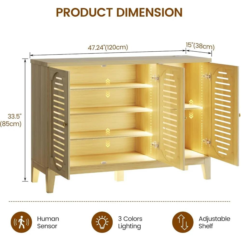 Shoe Storage Cabinet with Slatted Doors and Motion Sensor Lights