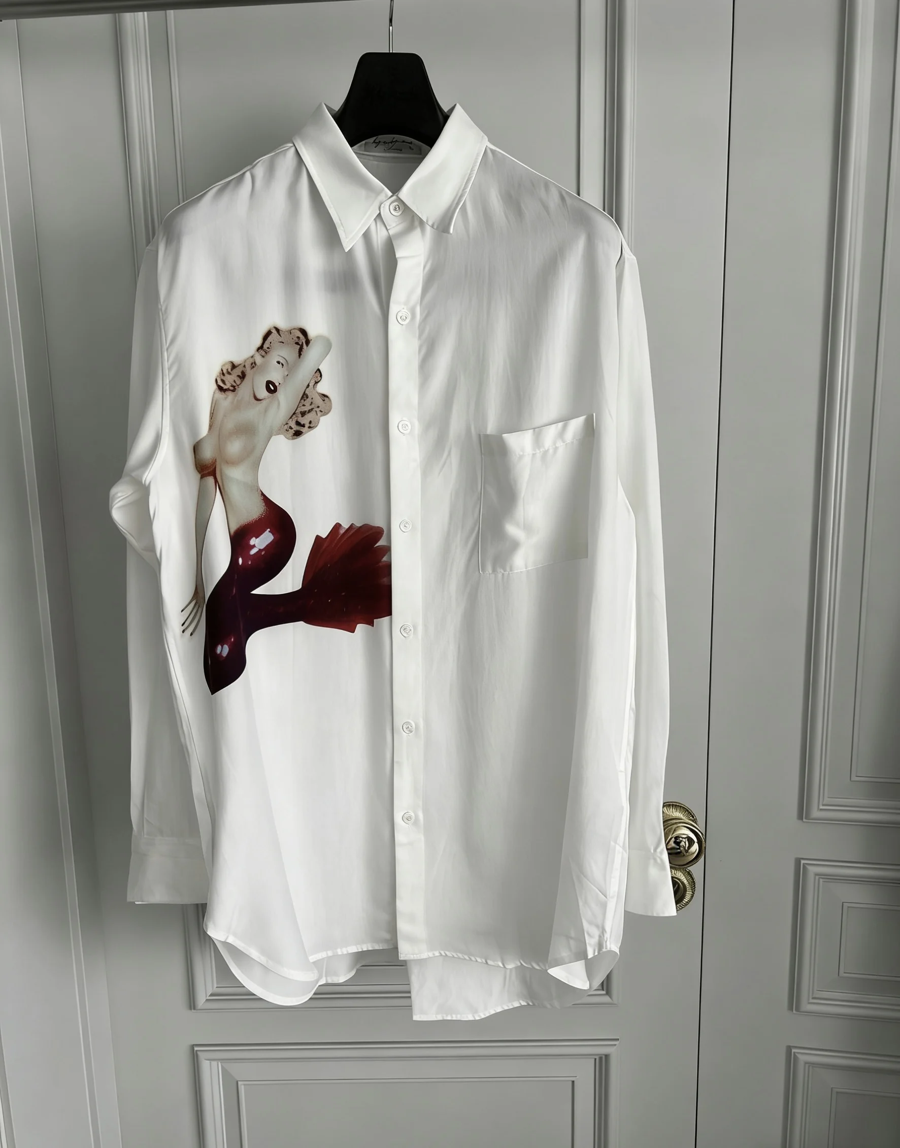 

TOP-YAMAMOTO original design white pure cotton printed casual shirt with long sleeves