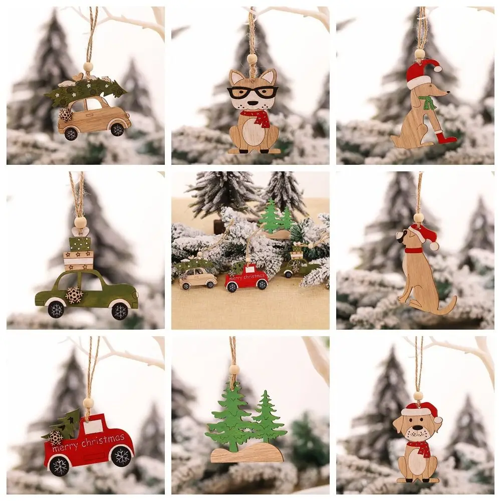 Car Puppy Christmas Pendant Puppy Dog Xmas Tree Drop Ornaments Wooden Painted Colorful Car Hanging Ornaments New Year Gift