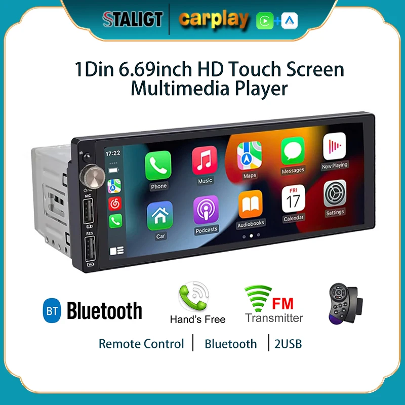 

1Din Car Audio Carplay Android Auto Wireless Bluetooth FM Stereo Universal 6.69inch Video Multimedia Player Audio MP5 Player