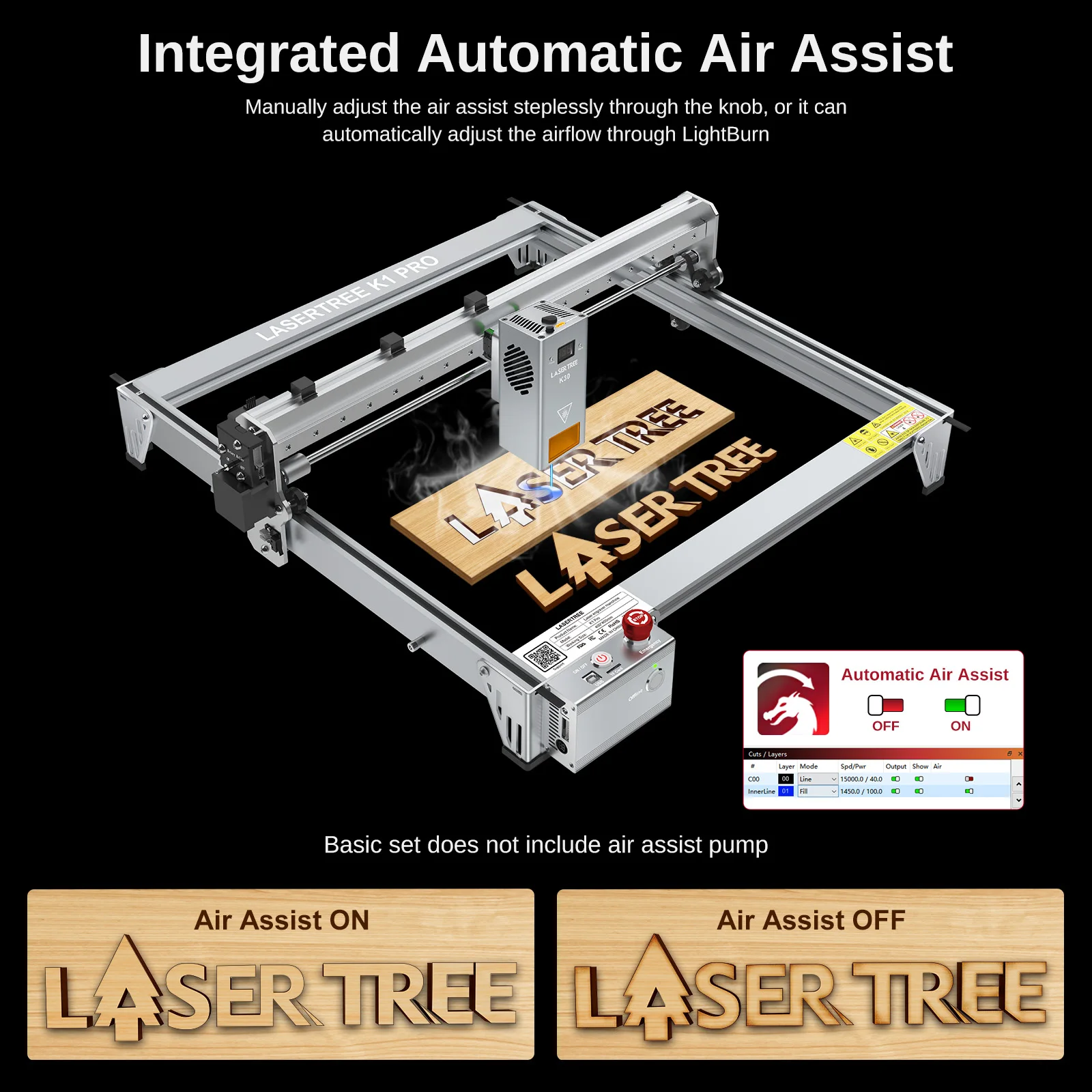 آلة النقش والقطع بالليزر LASER TREE K1 PRO 30 وات، منطقة نقش 400 × 400 مم، أدوات النجارة باستخدام الحاسب الآلي لـ MDF / الأكريليك الأسود