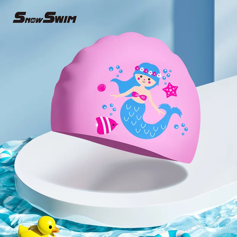 Children\'s Cartoon Swimming Cap Silicone Boys and Girls Long Hair Waterproof Ear Protection Cute Swim Cap Swimming Gear