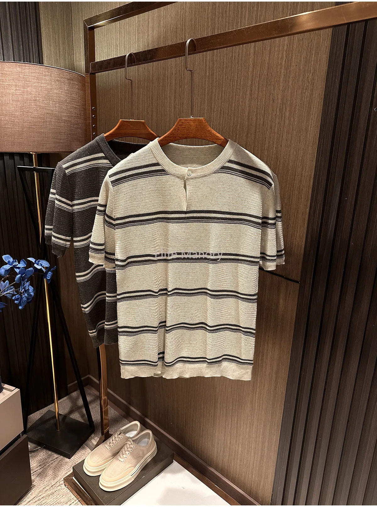 [Old money tone, Lyocell linen blend] Summer men's Henry collar striped contrasting color knitted short-sleeved T-shirt