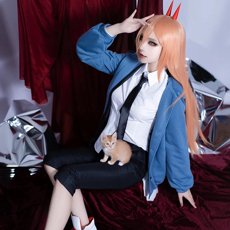 

Anime Chainsaw Power Cosplay Costume Wig Devil Horns Woman Hoodie Coat Shirt Pants Set Halloween Party Carnival Outfits Props