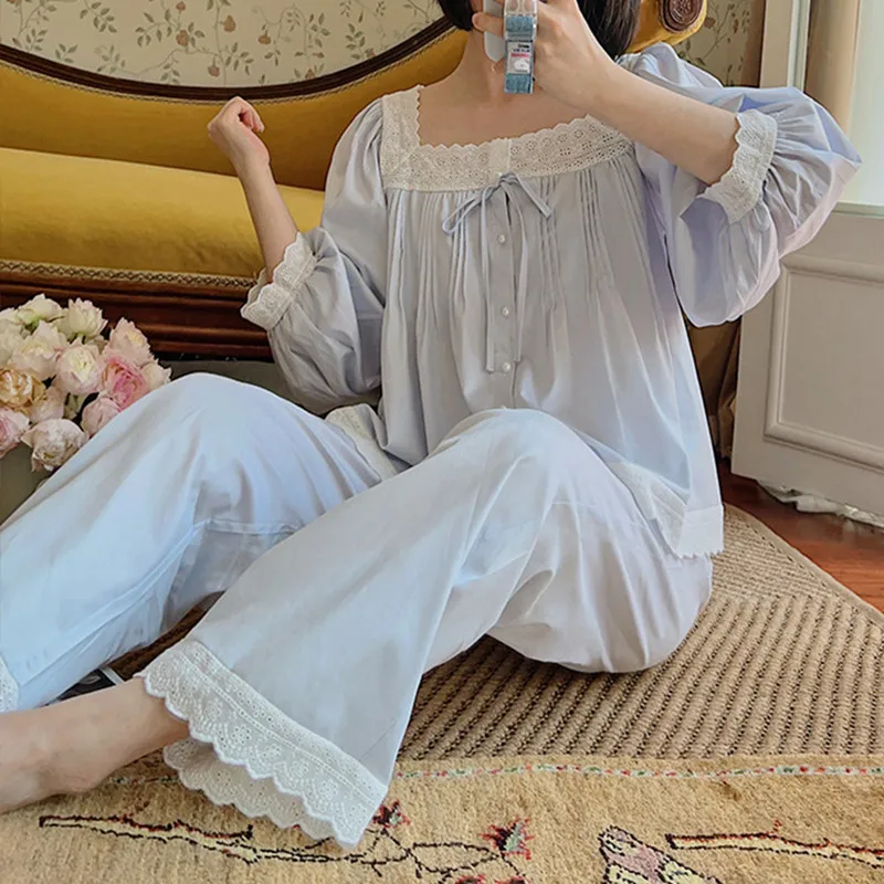 Women 100% Cotton Full Sleeves Two-Pieces Pajamas Sweet Lace Square Collar Cardigan Sleeping Shirt Spring Long Pants Pyjama Sets