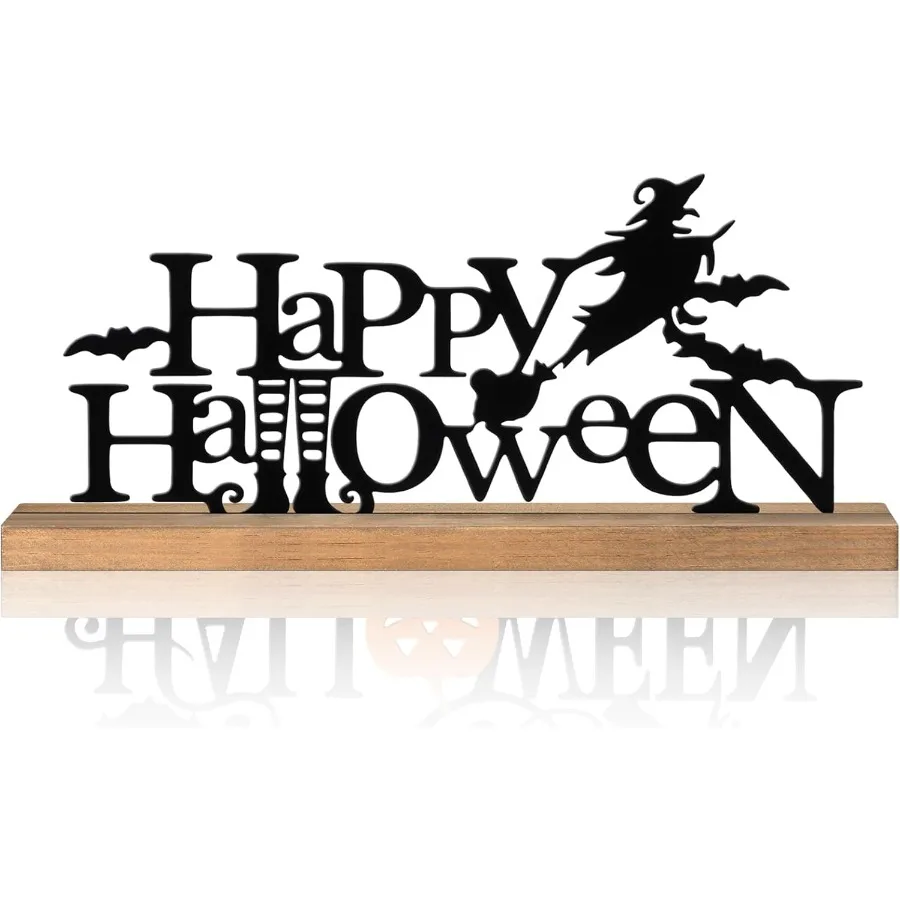 علامة معدنية للهالوين السعيدة من Realspring لتزيين صينية متدرجة للهالوين مع قاعدة خشبية قائمة بذاتها باللون الأسود المخيف على شكل خفاش ساحرة