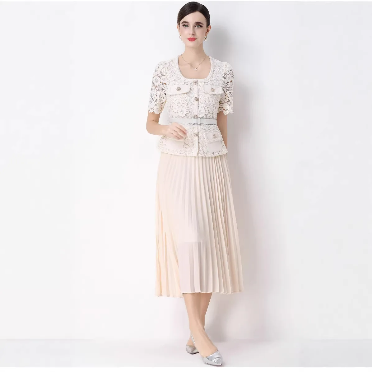2026 New French Elegant Slim Lace Patchwork Pleated Dress Dresses Spring Summer Matching Set