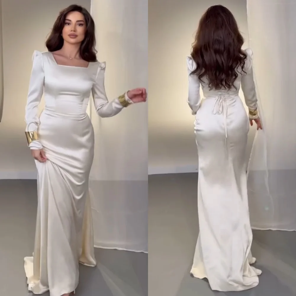 

Customized Intricate Matching Charmeuse Pleat Trumpet Square Neck Long Dresses Bespoke Occasion Fashion