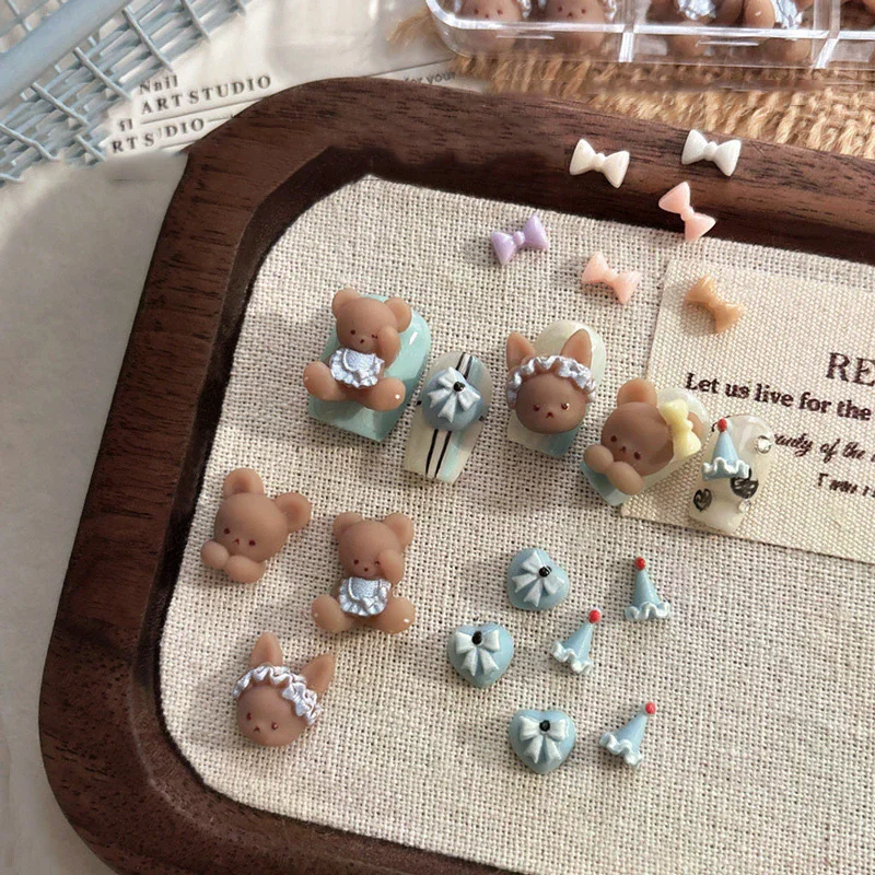 10 pçs avental urso acessórios para unhas bonito dos desenhos animados 3d bowknot usar broca de unhas decoração encantos da arte do prego diy manicure