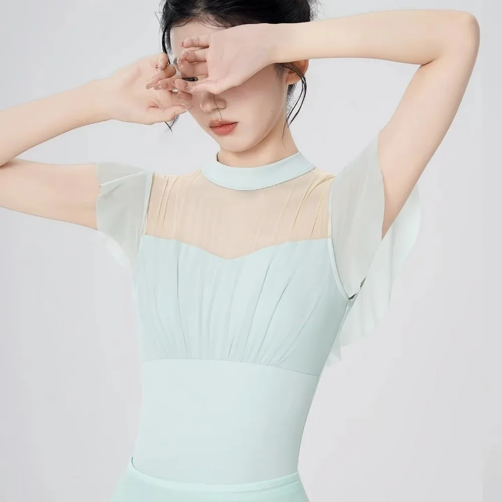 半袖ナイロンバレエドレスプリーツスリムダンスボディスーツメッシュ高弾性バレエレオタード大人用