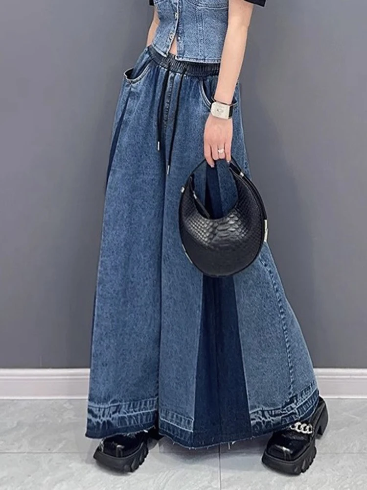 SHENGPALAE Kleurblok Jeans Vrouwen Vintage Stijl Elastische Taille Losse Veelzijdige Nieuwe Vrouwelijke Casual Denim Wijde Pijpen Broek 5C1515