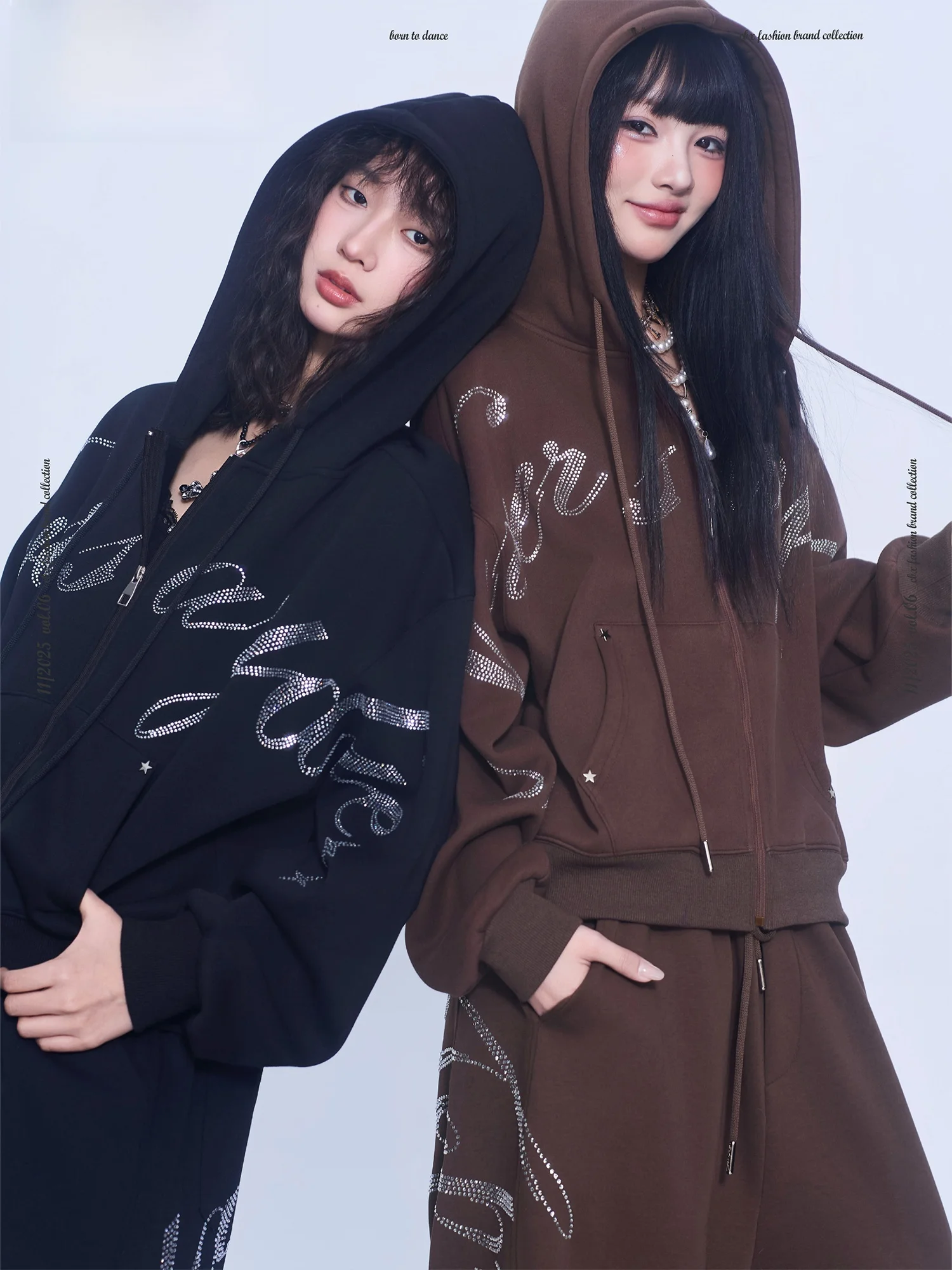 CBXLAB Street Dance Trendy Brand Glitter Heart Rhinestone Set Autumn Winter Fleece Lined Hooded Jacket Hip Hop Pants view 2