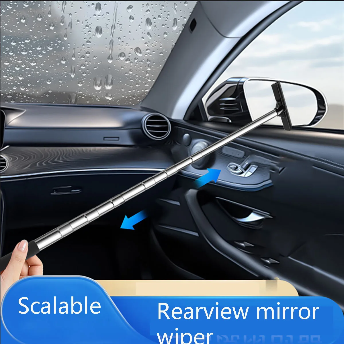 Car Rearview Mirror Wiper Stainless Steel Telescopic Long Handle Auto Mirror Squeegee Cleaner for Cleaning Shower Glass Door