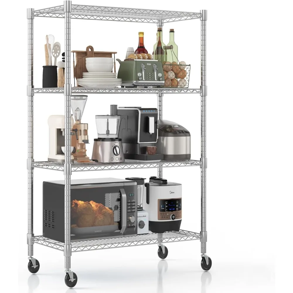

Metal Shelves, 4 Tier Heavy Duty for Storage, Storage Racks and Shelving with Wheels, Commercial Adjustable Wire, Shelving Unit