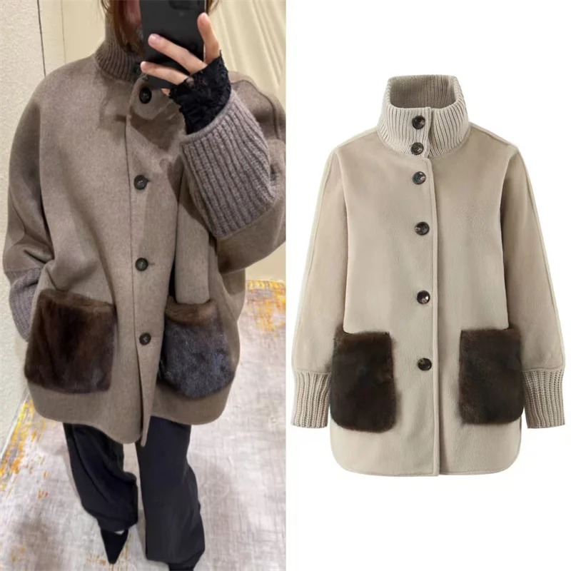 

Women's Coat 2025 Winter New Style Khaki Long-Sleeve Stand Collar Knit Panel Mid-Length Loose Coat Casual Fashion
