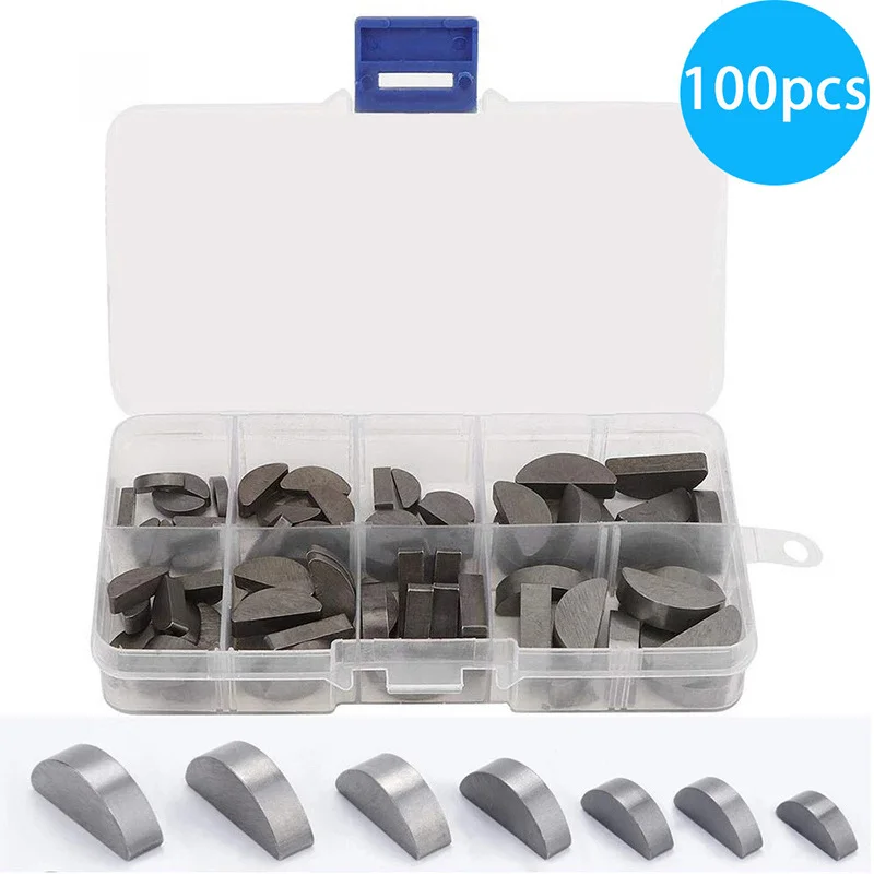 100 PEÇAS Chavetas Woodruff Semicirculares de Aço Carbono, Chave Crescente, Chave Redonda, Pino Chave Semicircular Brilhante, Pino em Formato C M3-M6