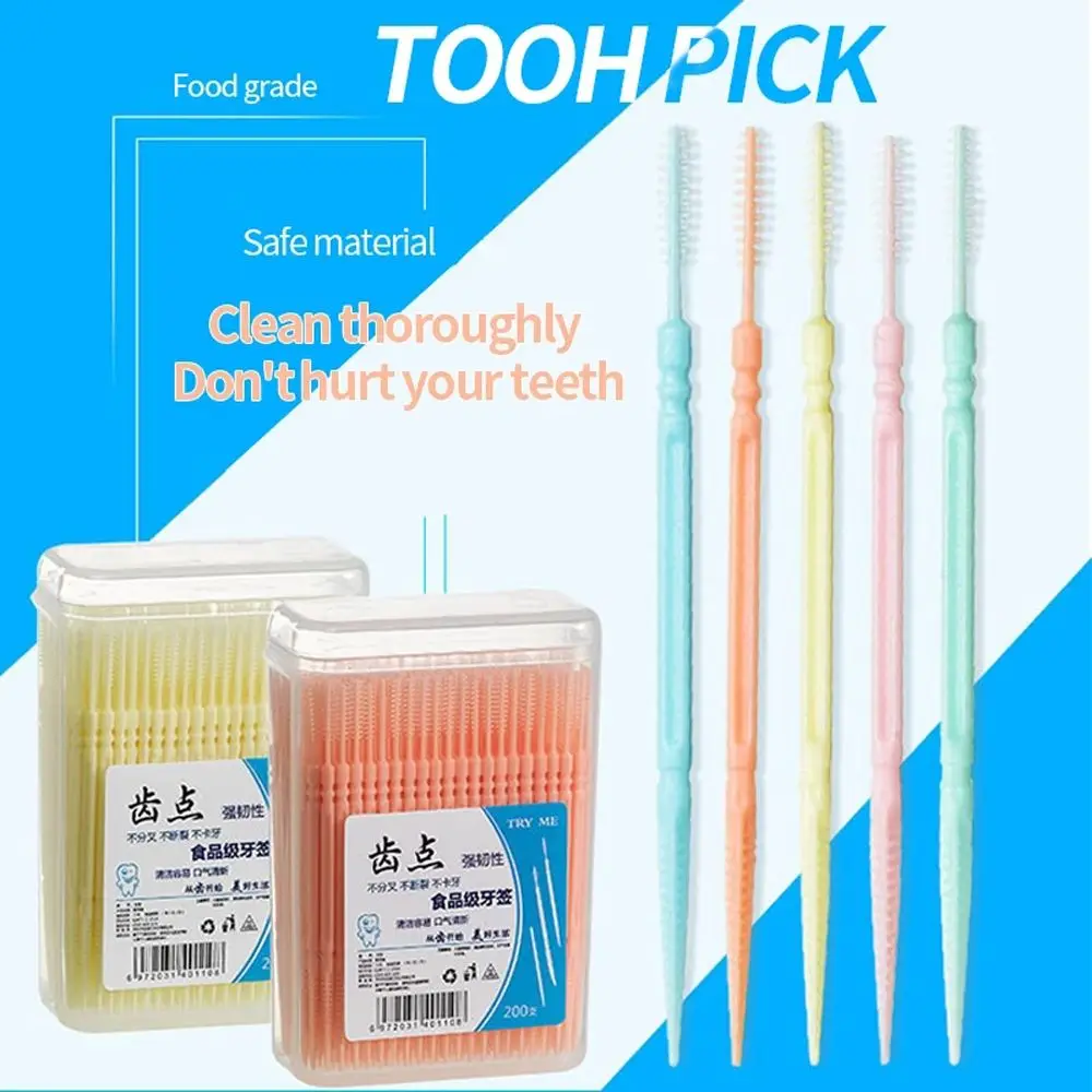 

200Pcs Disposable Soft PP Food Residue Superfine Dental Floss Pick Double-head Interdental Brush Oral Care Toothpick Brush