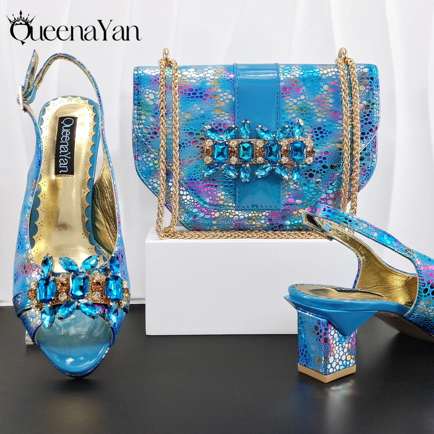 Mature Style Sky Blue Rhinestone Embellished Three-Dimensional Bag And Good Material Peep Toe Pumps and Elegant Clutch Bag Set