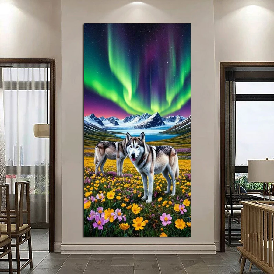 Diy Diamond Art Painting Arctic Snow Mountain Wolf Flower Full Drill Large Size Scenery Mosaic Embroidery Picture Home Decor