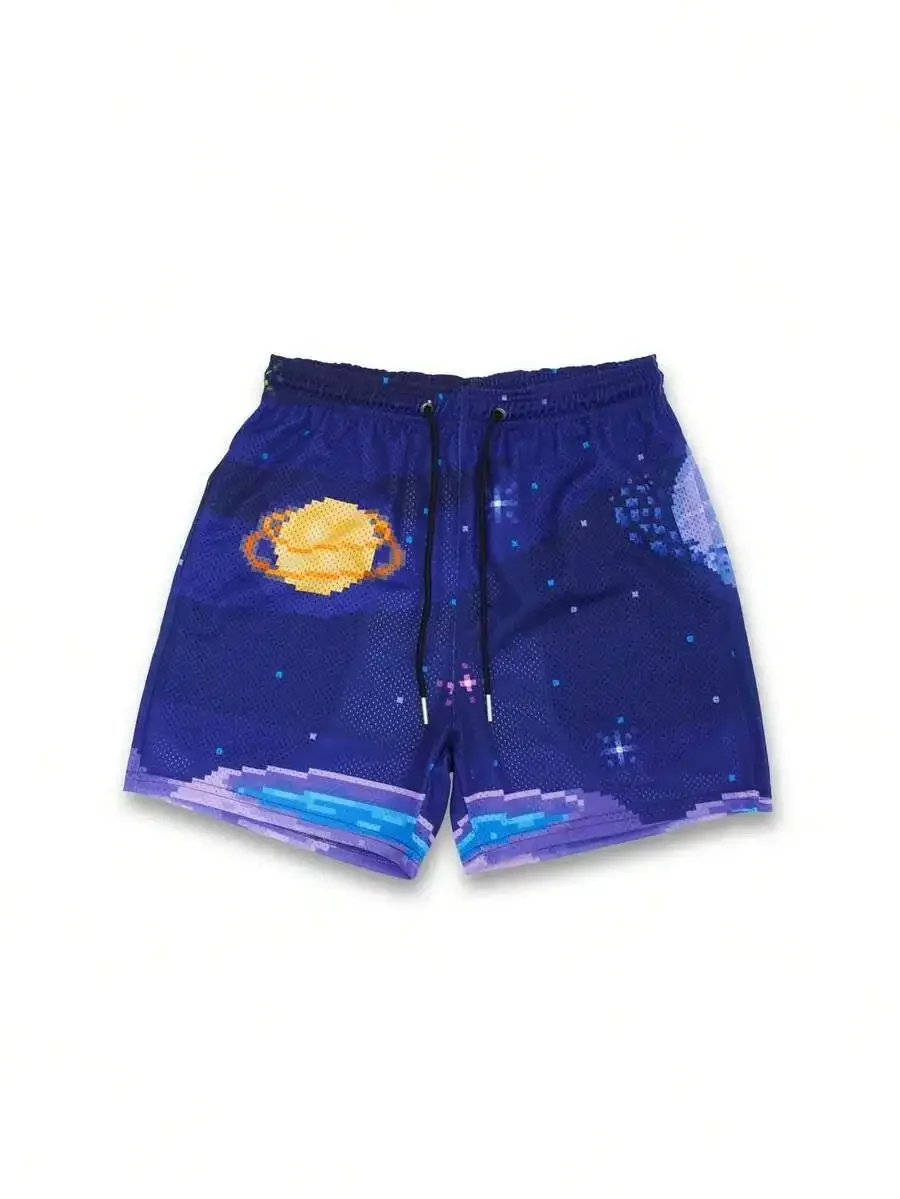 

Mens Pixel Space Print Casual Shorts With Drawstring Waist