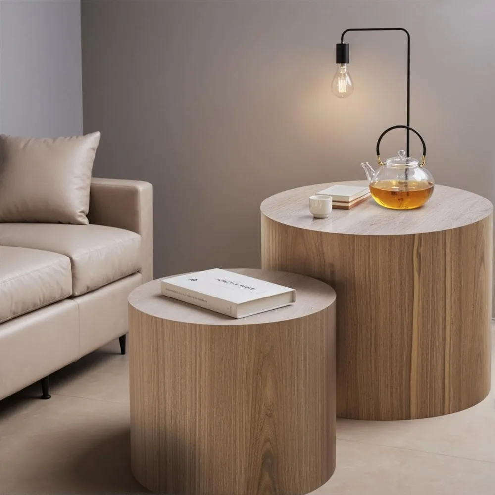 Nesting Coffee Table Set of 2, Modern Round Coffee Table with Non-Slip Feet, Wooden Circle Side Table and Accent Furniture