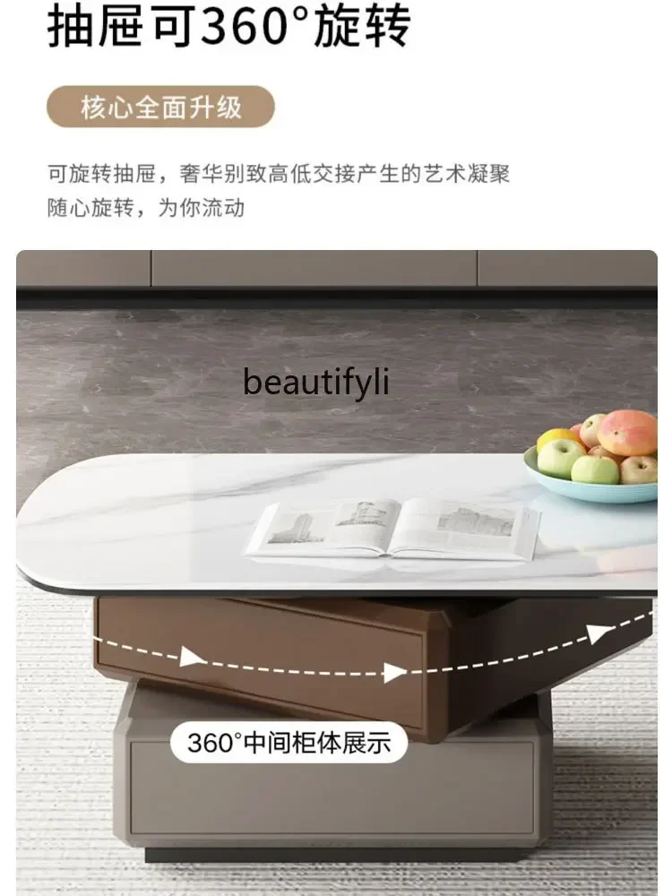 Italian Minimalist Square Rotating Coffee Table Stone Plate Retractable Floor Cabinet Living Room Home Small Apartment