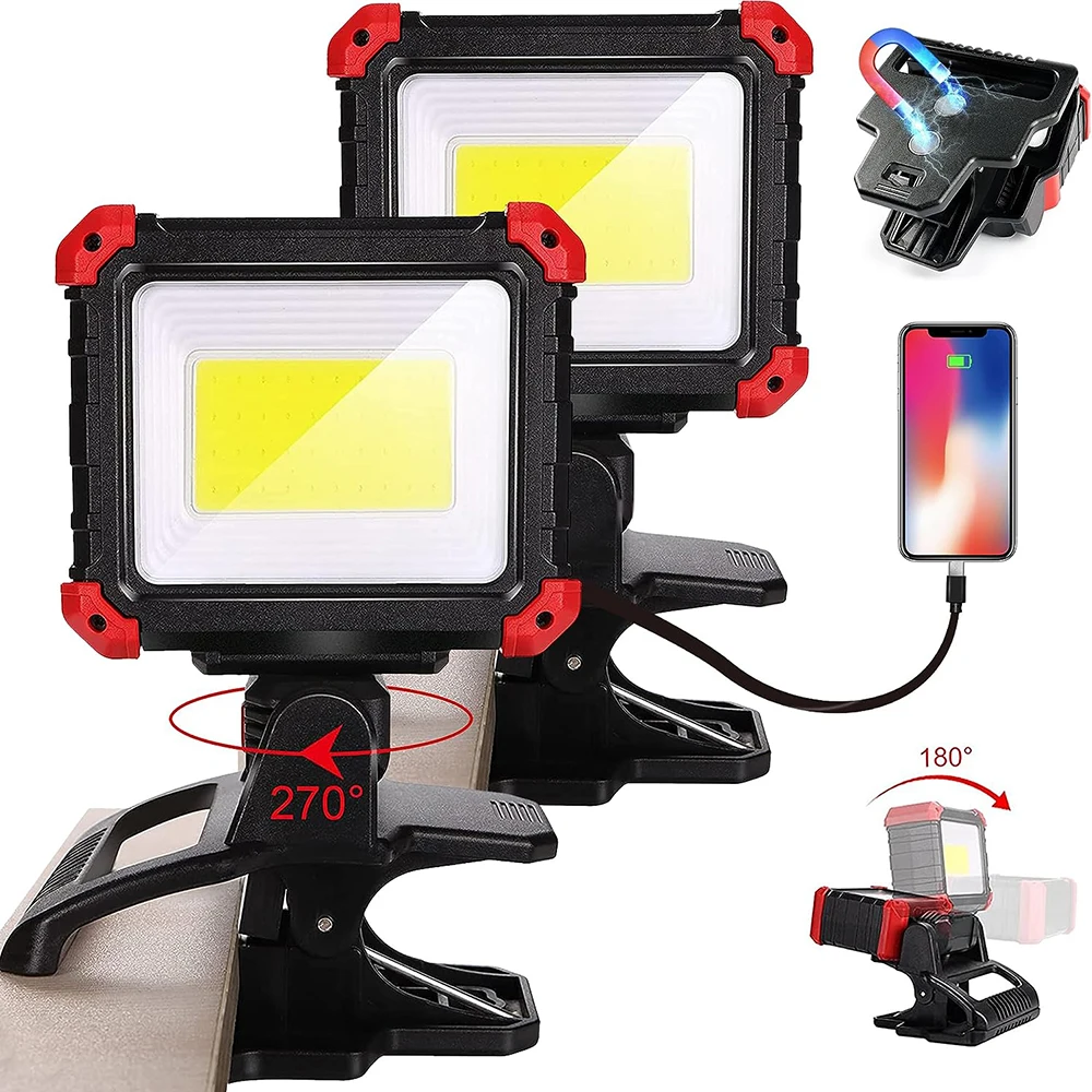 Ultra Bright LED Work Light Rechargeable COB Magnetic Clip on Work Light with Clamp 270° Rotatable Portable Lamp For Car Repair