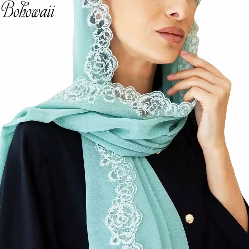 

BOHOWAII Summer Gorgeous Hijab Hair Scarf Chiffon Lace Shawl Muslim Woman Long Headscarf Foulard Musulmane Pour Femme