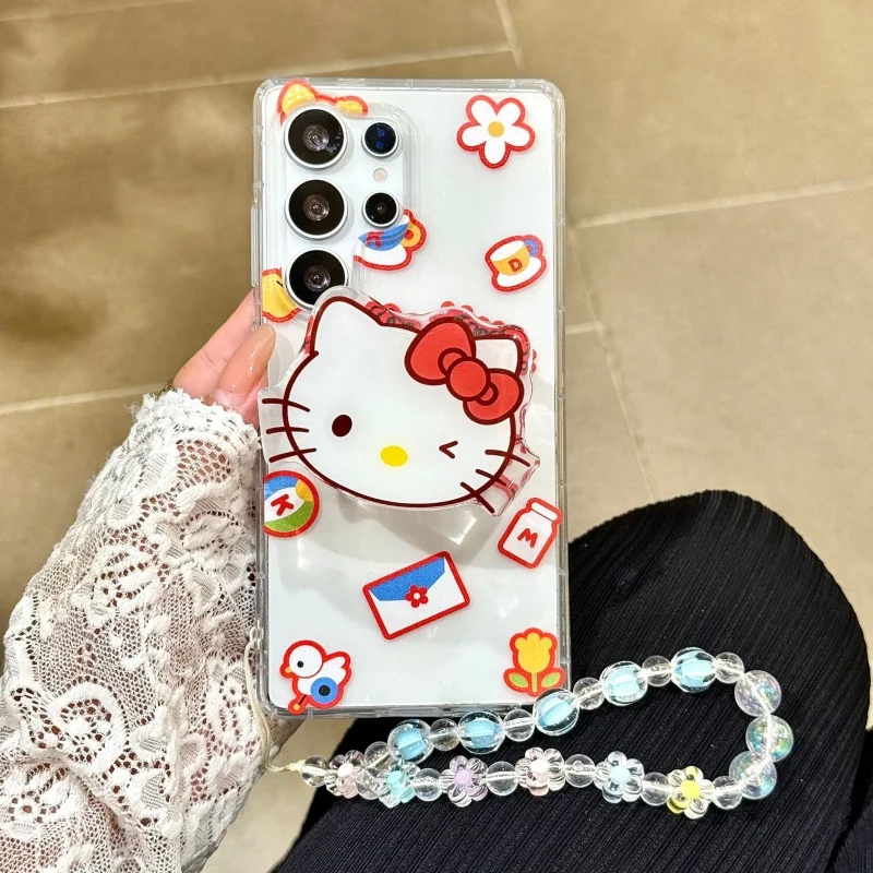 

Cartoon Cute Hello Kitty Bow KT flower Holder Clear Soft TPU Phone Case For Samsung S22 S23 S24 S25 Ultra S30 Plus Note10 Cover