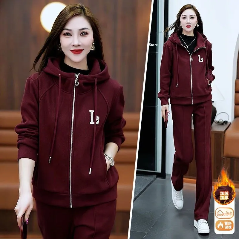 

Mommy Style Fleece Lined Hooded Thick Long Sleeve Cardigan Jacket And Pants Set Women's Autumn Winter Casual Sportswear Two-P...