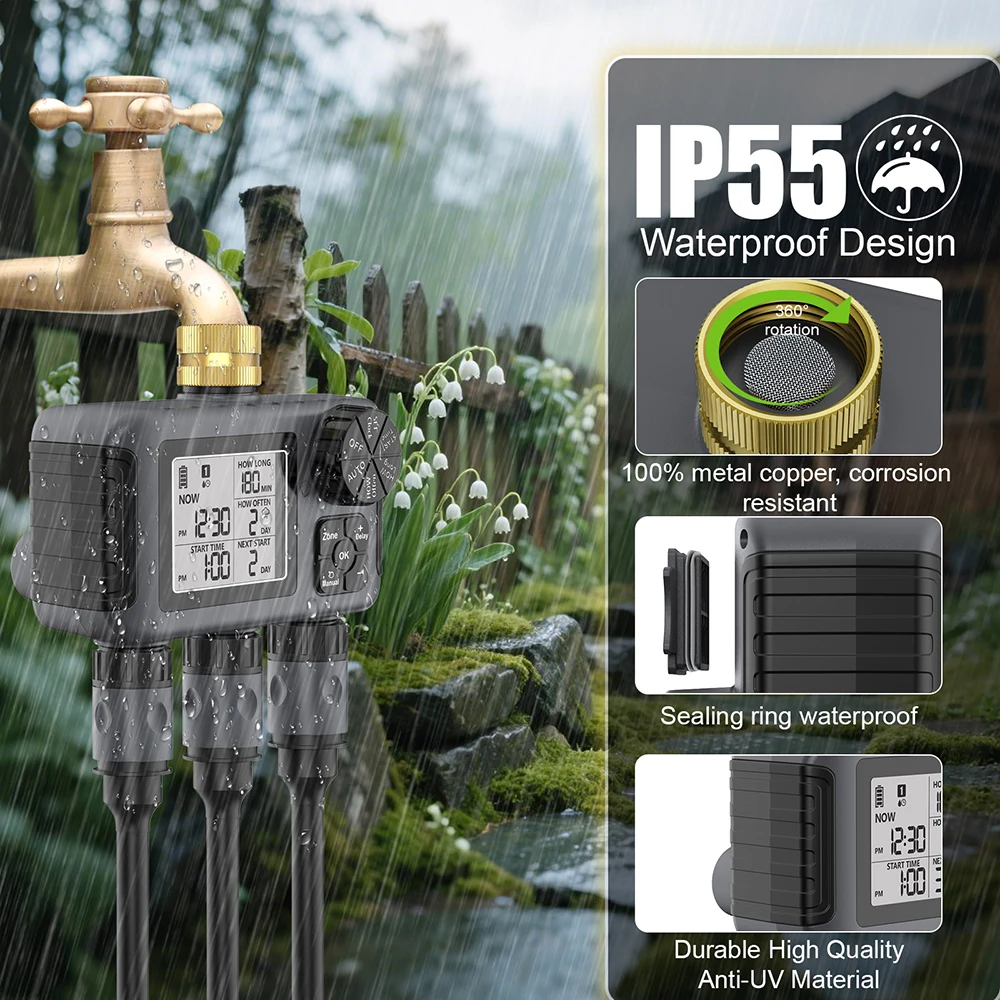 3 Outlet Automatic Irrigation Watering Timer LCD Display Irrigation Controller Programmable Sprinkler for Garden Lawn Pool