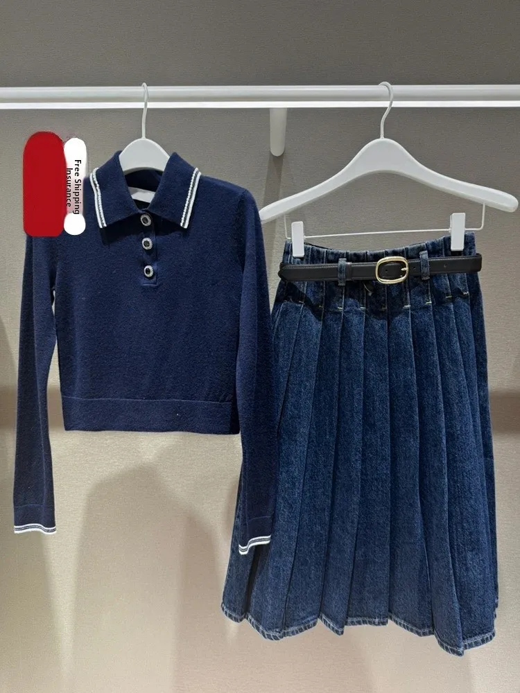 

Blue Collar Knitwear with Pleated Denim Skirt Spring Summer College Style Women's Fashion Set Long Sleeve Autumn Wear