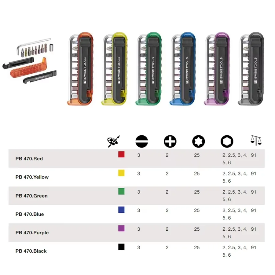 PB SWISS 470 Series Screwdrivers Bits Set 9Pcs with Bits Allen Key Steel Adapter, Tire Lever for Mountain & Road Bicycle Repair