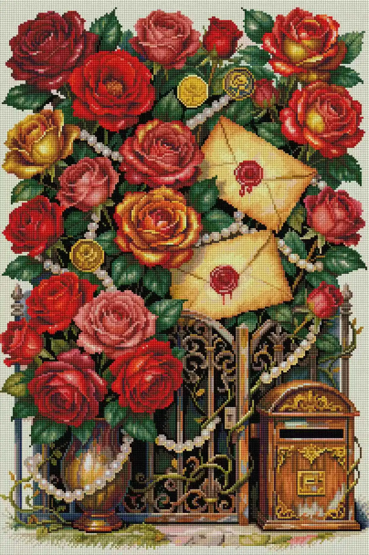 Vintage Rose Mail Wall Diamond Painting Kit, Square Resin + AB + Fairy Dust + Metallic Diamonds, Silk Flocking Canvas 50×75cm.