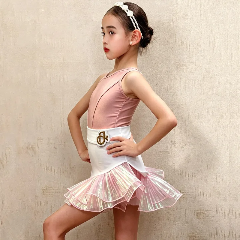 

Latin Dance Split Costume Glitter Sling Tulle Skirt Pink White Stage Training Soft Breathable Summer Competition Dance Outfit