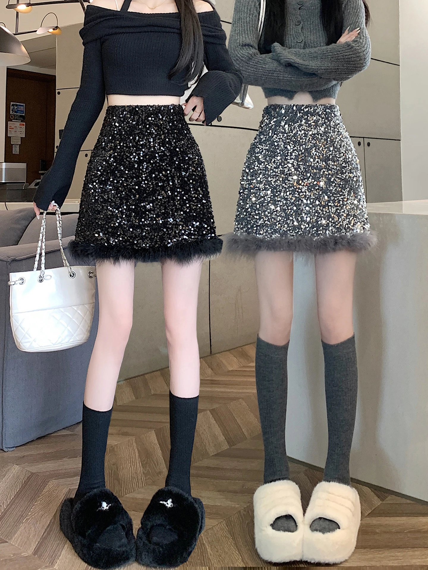 Modna spódnica z wysokim stanem, cekinowa, damska, nowa kolekcja jesień-zima 2025, spódnica w kształcie litery A, srebrna spódnica do połowy łydki.