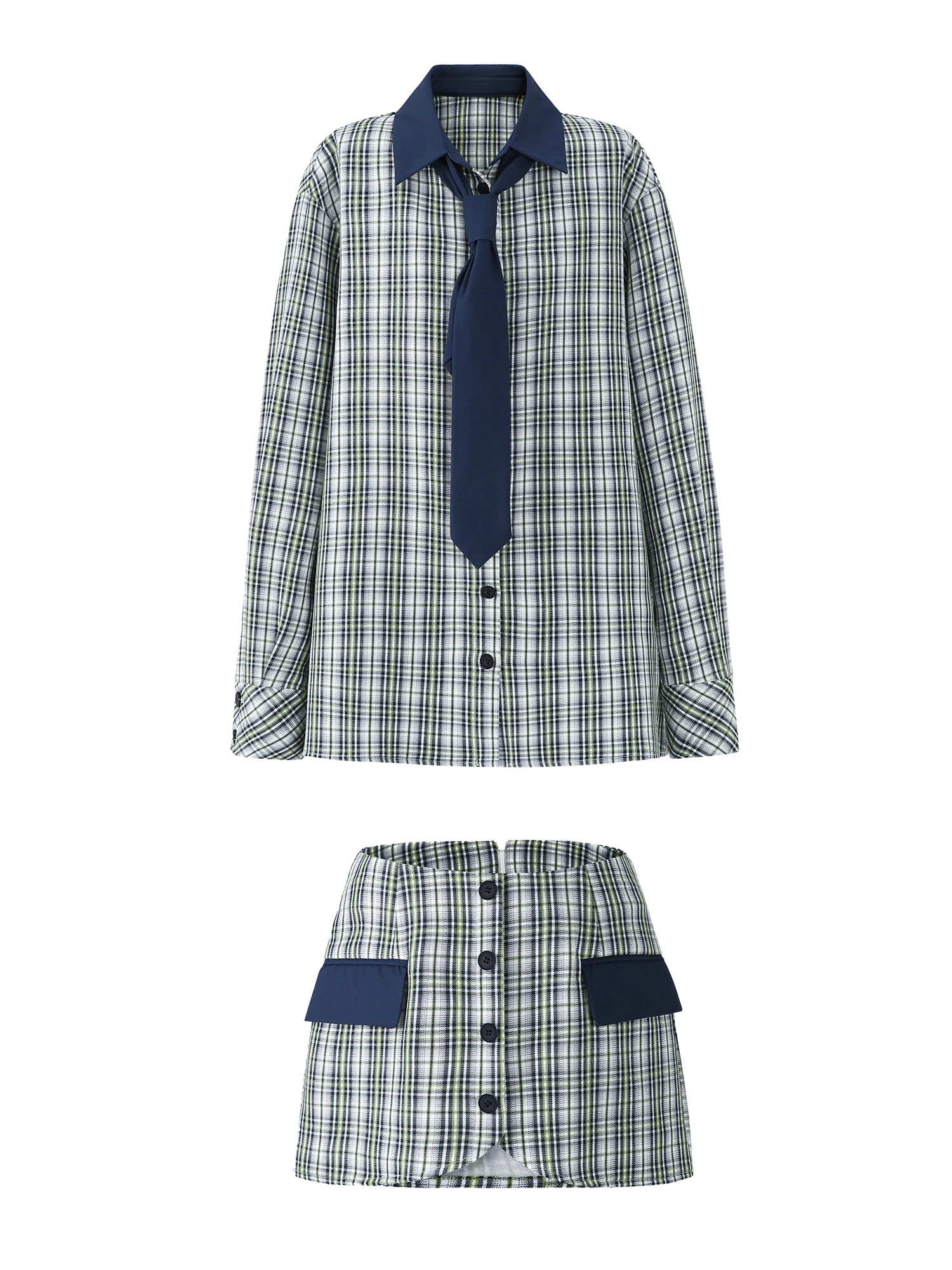 LaluneDuCiel プレミアム チェック柄 カラー ブローチ付き スカートセット ファッション性の高い若い女性の秋コレクション