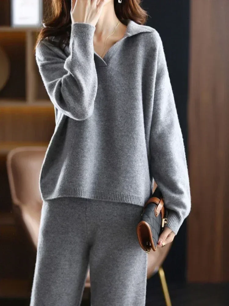 Set da 2 pezzi tuta Oversize da donna maglione con colletto a Polo e pantaloni dritti Set Pullover lavorato a maglia da donna elegante abito maglione da donna