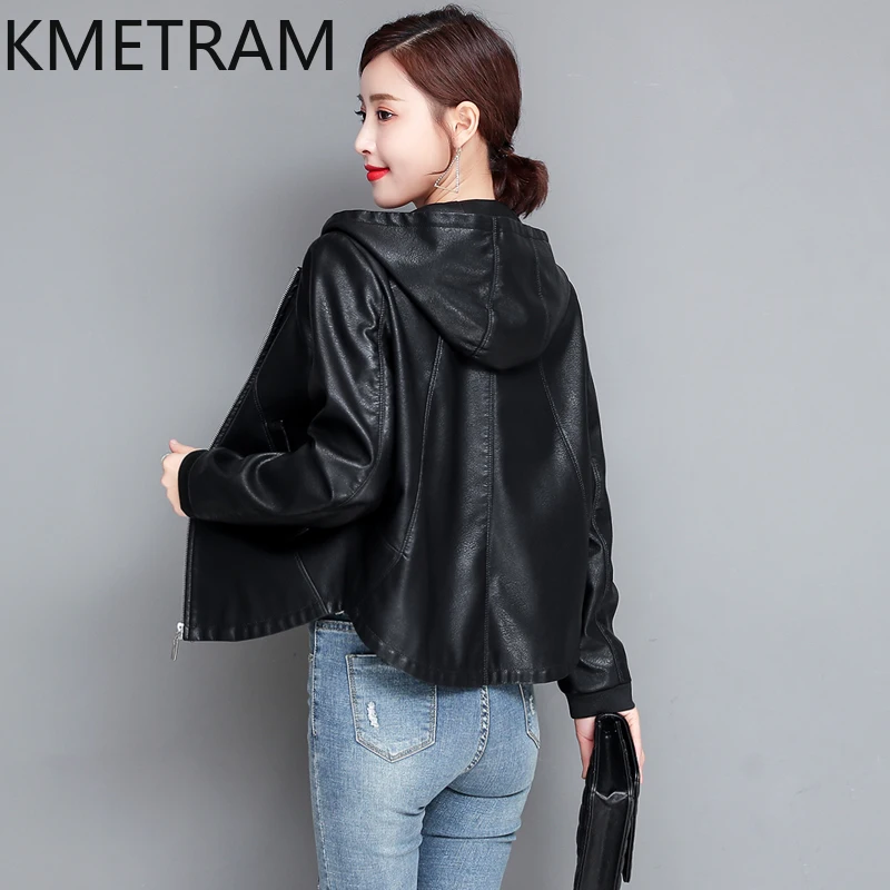 KMETRAM-jaqueta de couro de carneiro para mulheres, roupas femininas curtas, casaco coreano com capuz, primavera, outono