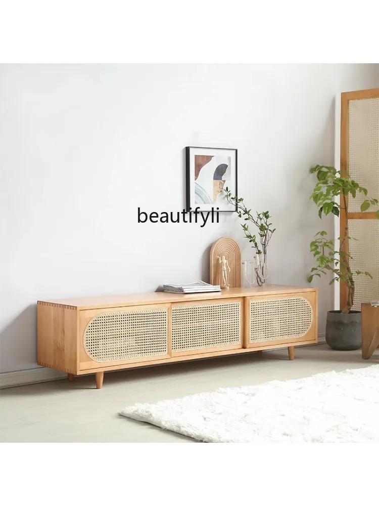 Nordic Modern Solid Wood TV Cabinet Japanese-Style Simple Rattan Log TV Cabinet Floor Standing Storage Cabinet Storage Cabinet