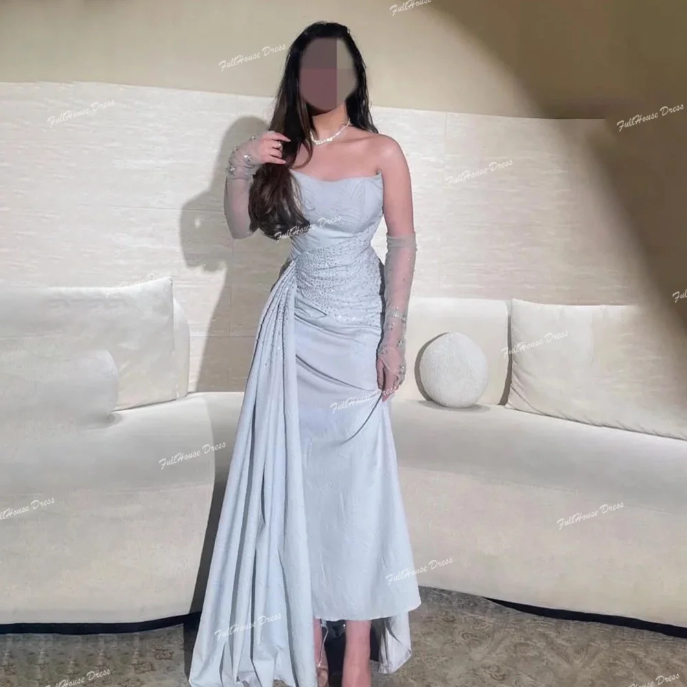 

Custom Made Elegant Off Shoulder Pleated Evening Dress Beading Crystal Sheath Backless Ankle Length Prom Dress رون سعيد