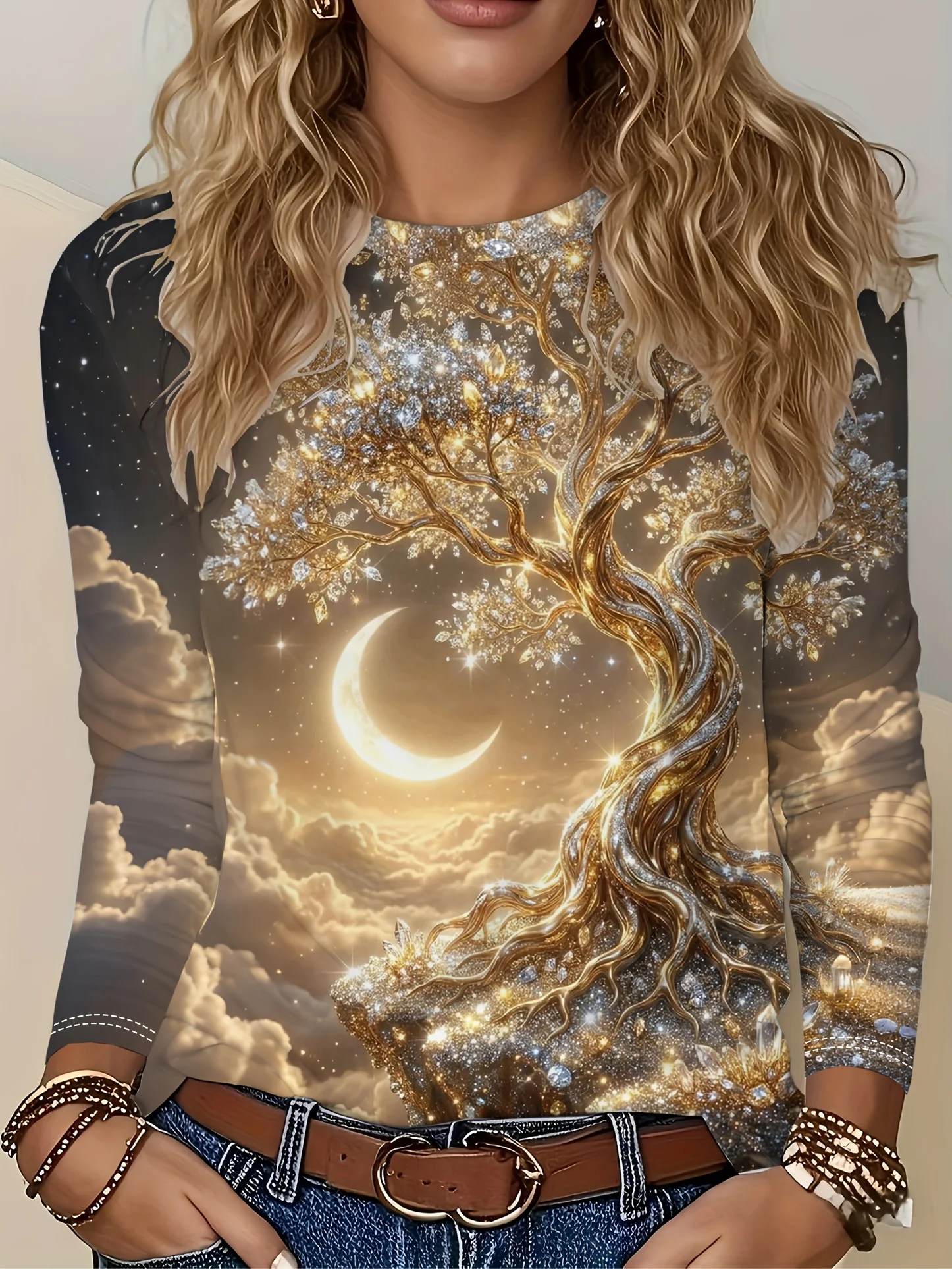 Dreamy Starry Wealth Tree Print Long Sleeve Top Women'S Soft Skin-Friendly Casual Outing Shopping Commute All-Match T-Shirt