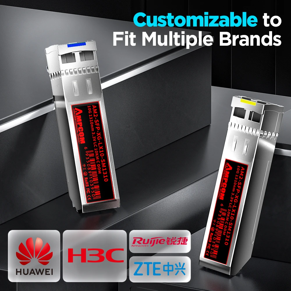 AMPCOM Module LC modul Transceiver SFP + dupleks Mode tunggal, serat optik industri SMF 1310nm 10km 20km untuk Cisco dll.