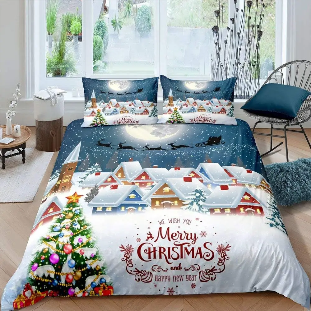 Christmas Tree Duvet Cover, Santa Claus Christmas Night Scene Decor Comforter Cover for Family Teens Merry Christmas Theme Decor